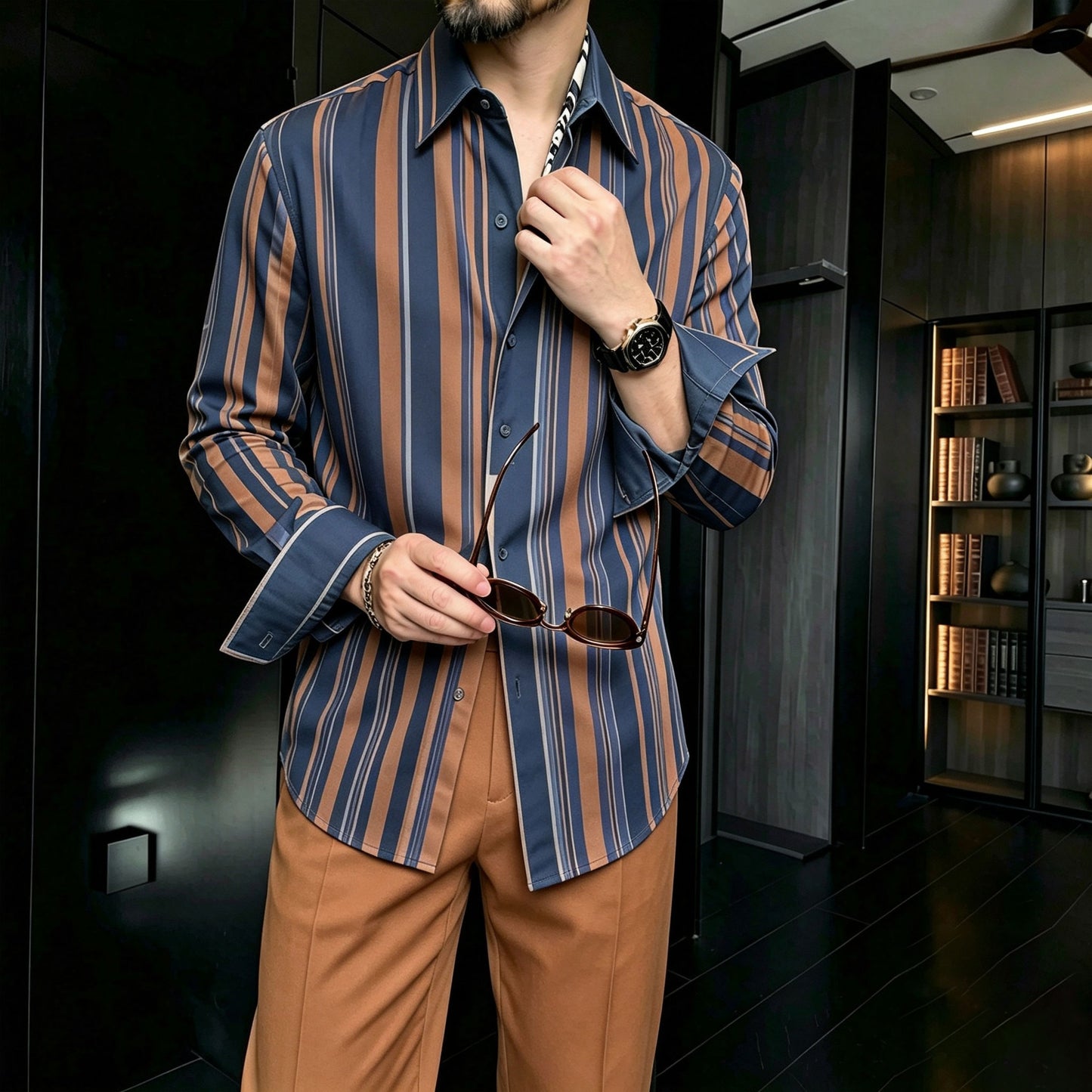 Men's Casual Striped Patchwork-Print Lapel Long-Sleeve Shirt and Pants Two-Piece Set