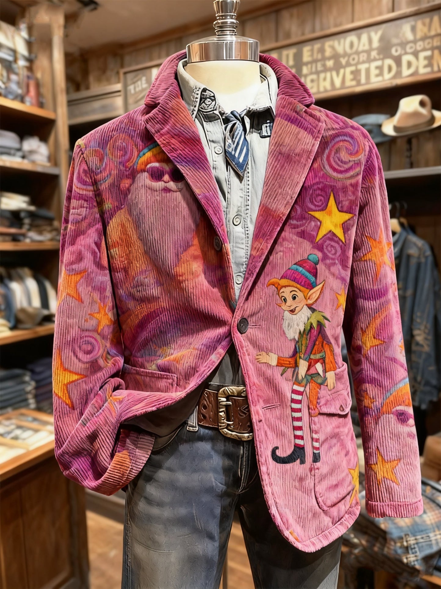Vintage Christmas Santa Elf Print Casual Jacket