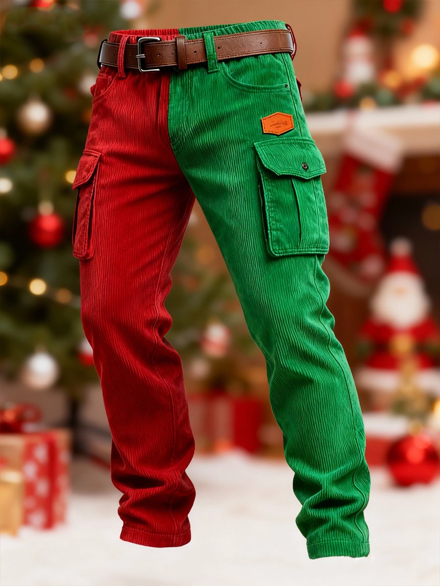 Men's Christmas Red and Green Print Corduroy Pants