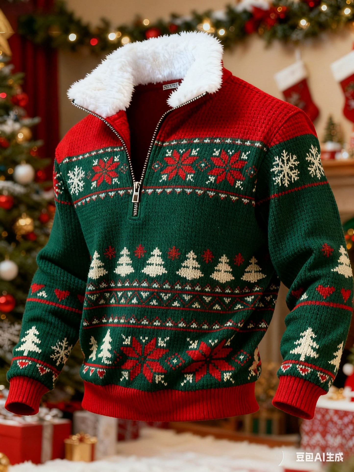 Men's Retro Color Block Print Christmas Fur Collar Sweatshirt