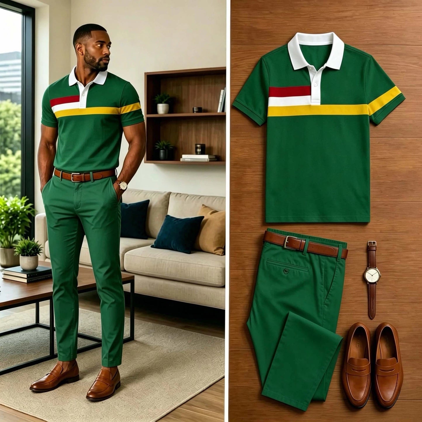 Men's Casual Color Stripe Contrasting Printed Polo Shirt And Pants Two-Piece Set