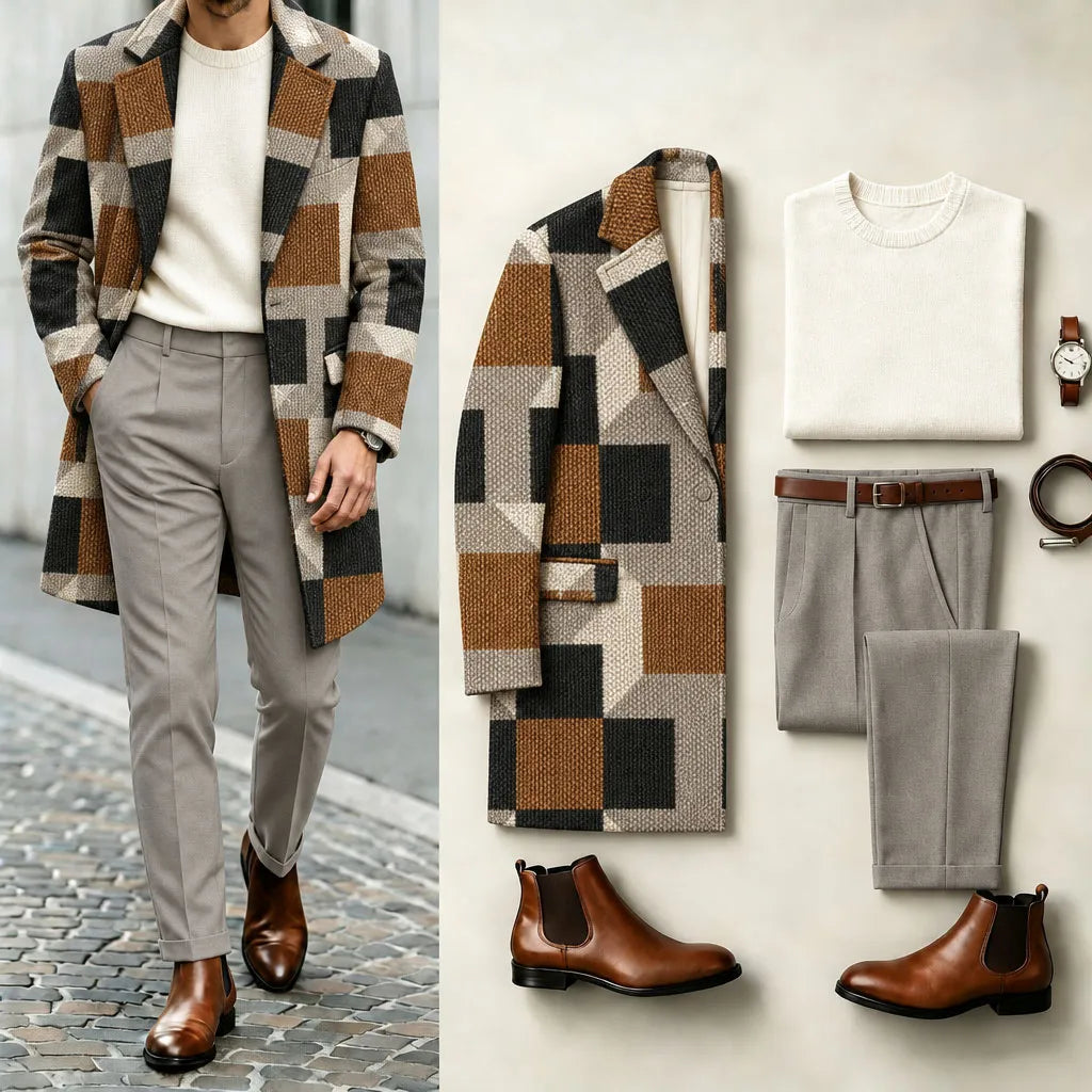 Men's Checkered Print Suit Set: Coat, Knit Sweater, and Pants