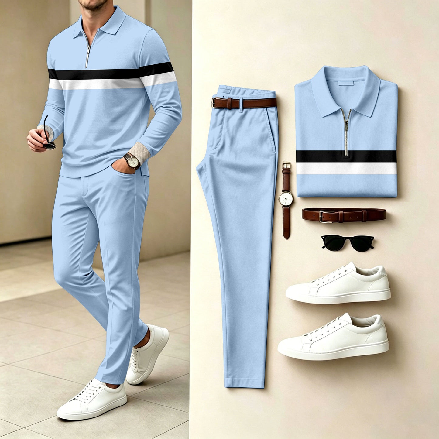 Men's Striped Polo-Collar Zipper Long-Sleeve Shirt and Pants Two-Piece Set