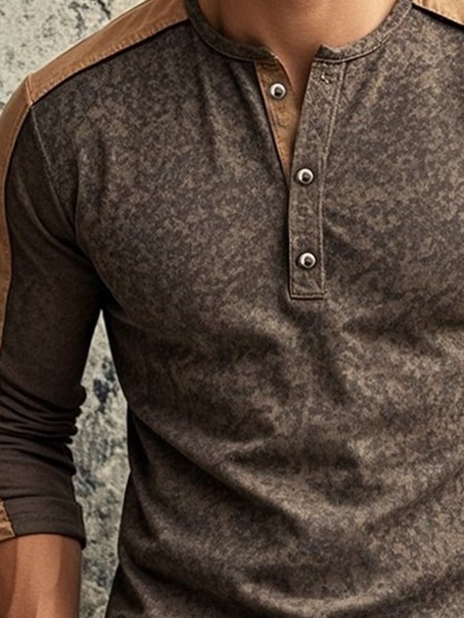 Men's Casual Retro Casual Colorblock Long Sleeve Henley Shirt