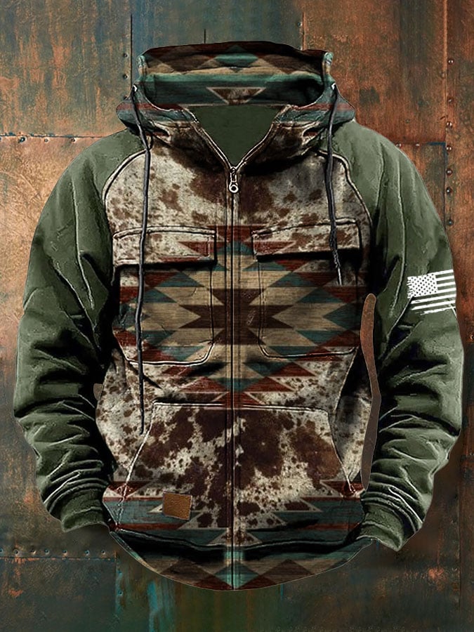 Men's Vintage Western Print Multi-Pocket Jacket