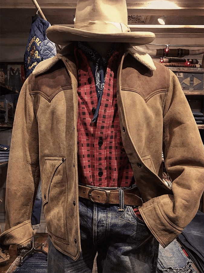 Men's Vintage Suede Patchwork Plush Multi-Pocket Reverse Collar Outdoor Jacket