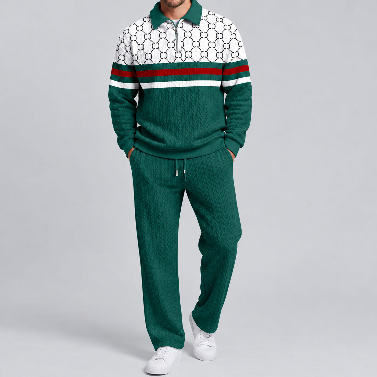 Men's Geometric Print Stand-Up Collar Long-Sleeve Shirt and Pants Set