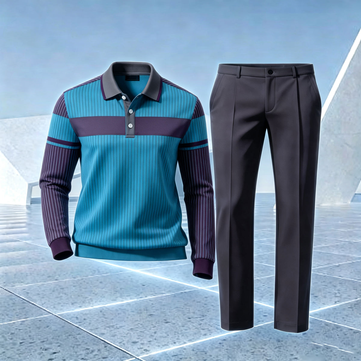 Men's Color-Blocked Vertical-Striped Polo Shirt and Pants Set