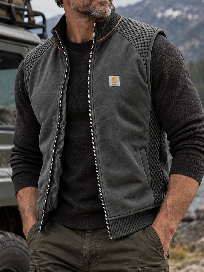 Men's Retro Waffle-Knit Paneled Thermal Outdoor Hooded Vest