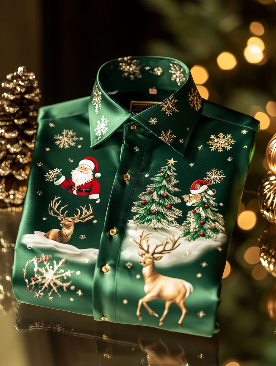 Men's Christmas Satin Luxe Long Sleeve Button Down Shirt