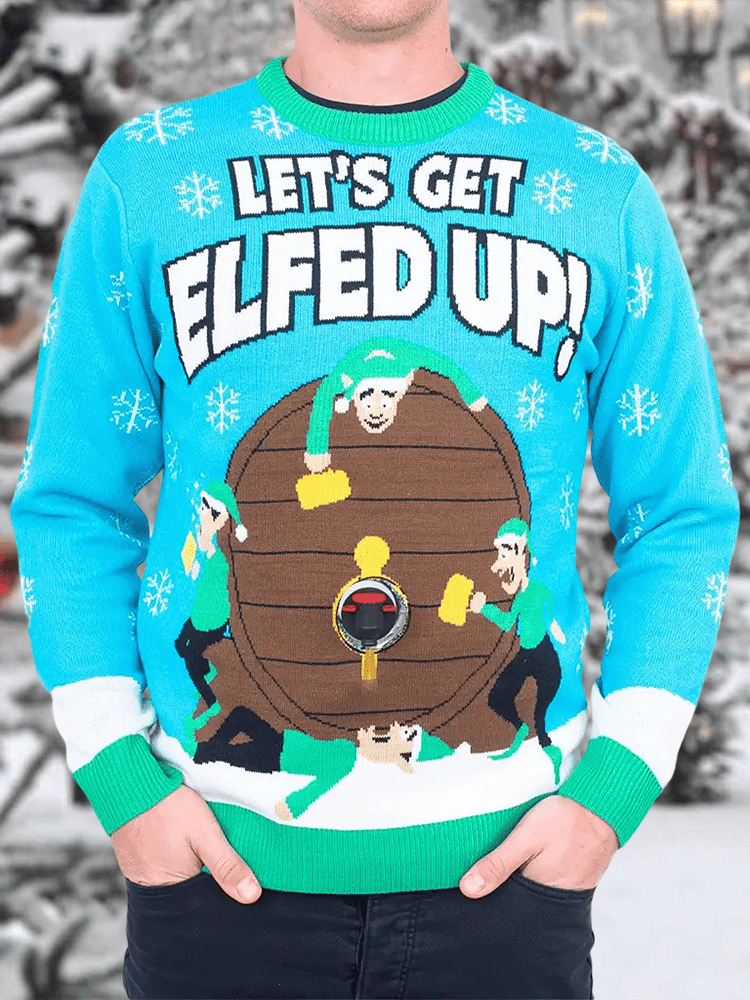 Men's Retro Let's Get Elfed Up Christmas Print Sweater