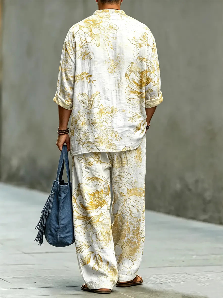 Men's Abstract Florals Print Cotton Shirt Set