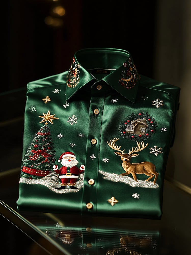 Men's Christmas Satin Luxe Long Sleeve Button Down Shirt