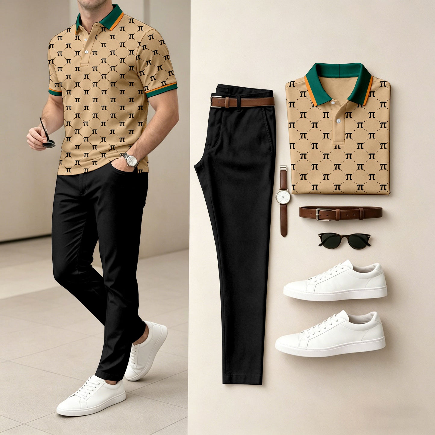 Men's Black Short-Sleeve Polo Shirt with a Black Collar and Long Pants Two-Piece Set