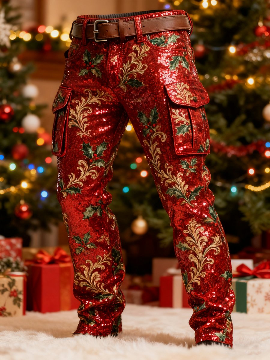 Men's Retro Christmas Holly Print Cargo Pants