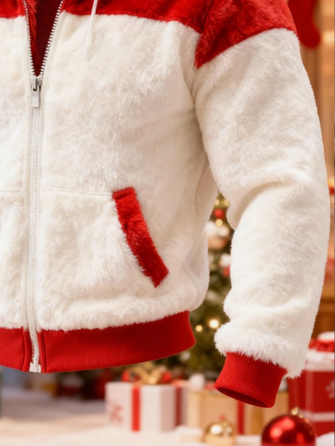 Men'S Plush Warm Color-Blocked Christmas Hooded Sweatshirt
