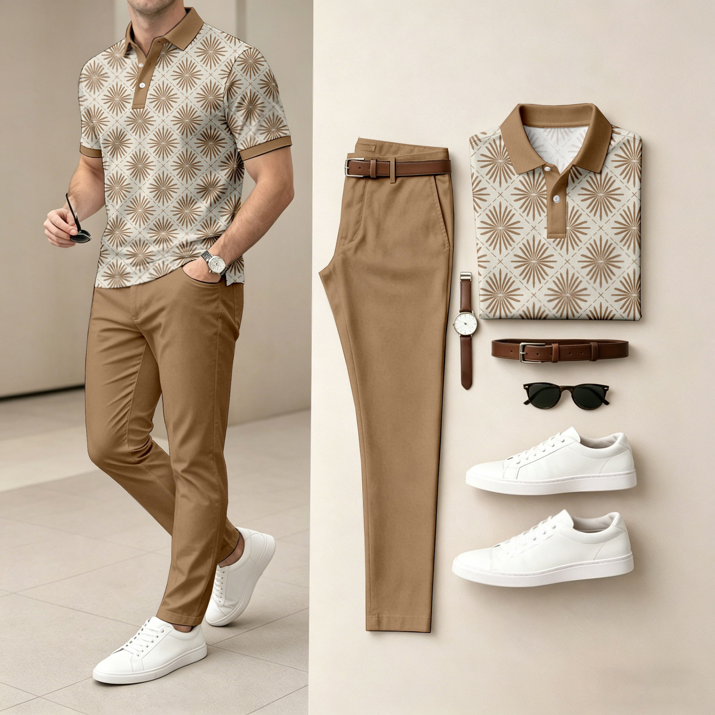 Men's Casual Floral-Print Short-Sleeve Polo Shirt And Pants Set (Excludes Accessories Such As Watches And Belts)
