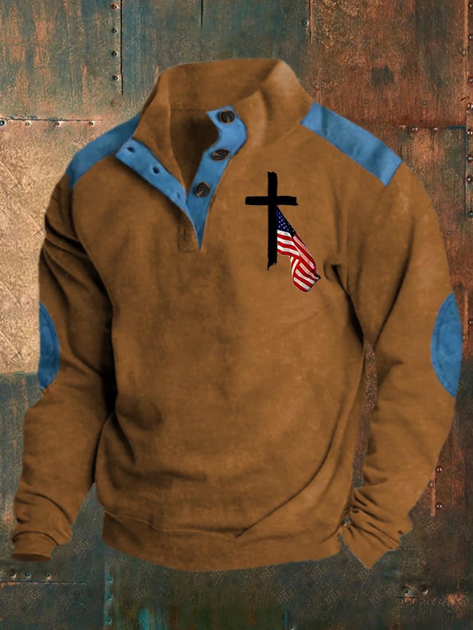 Men's Retro Western Color Block Belief Print Long Sleeve Sweatshirt