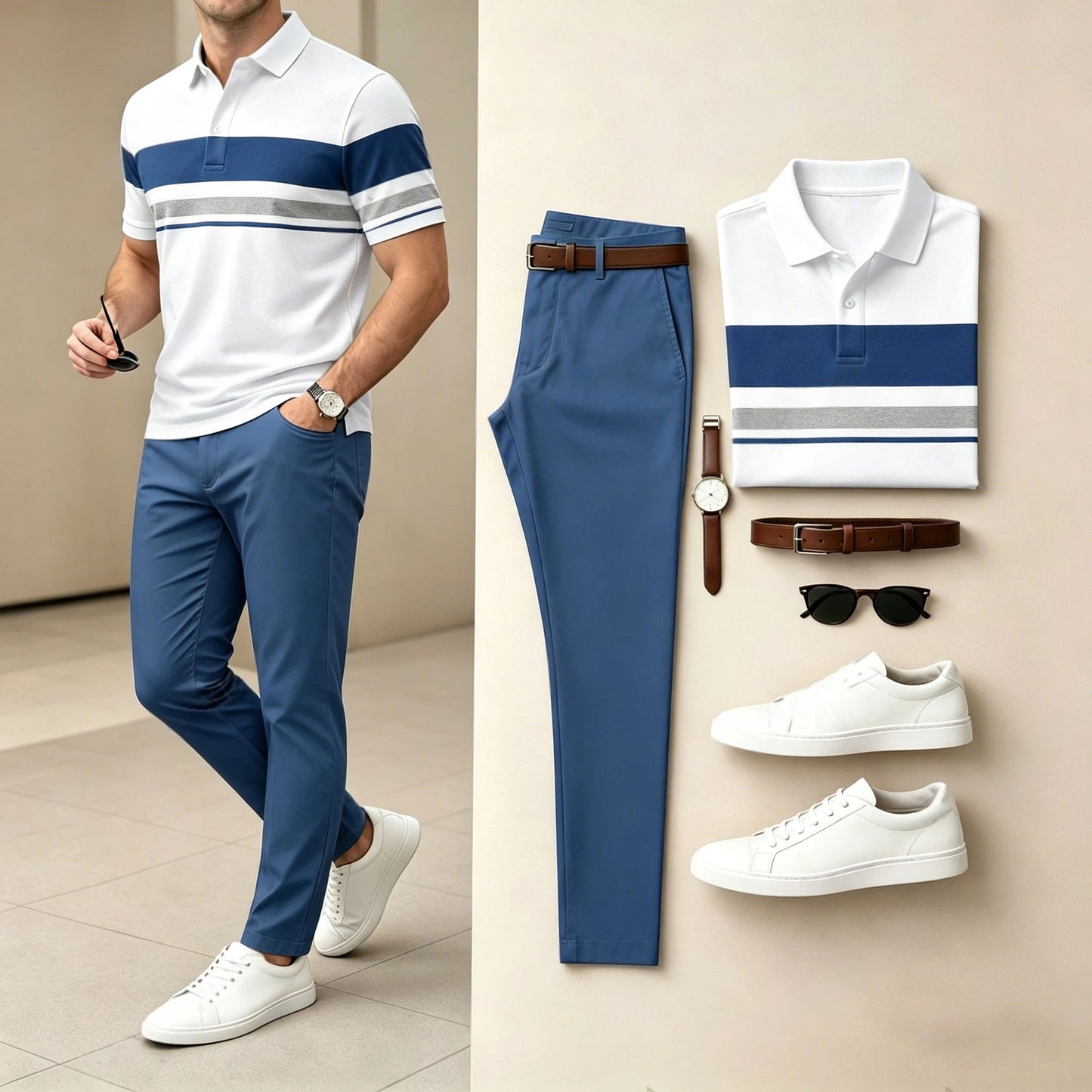 Men's Casual White & Navy Blue Printed Polo Shirt And Pants Two-Piece Set