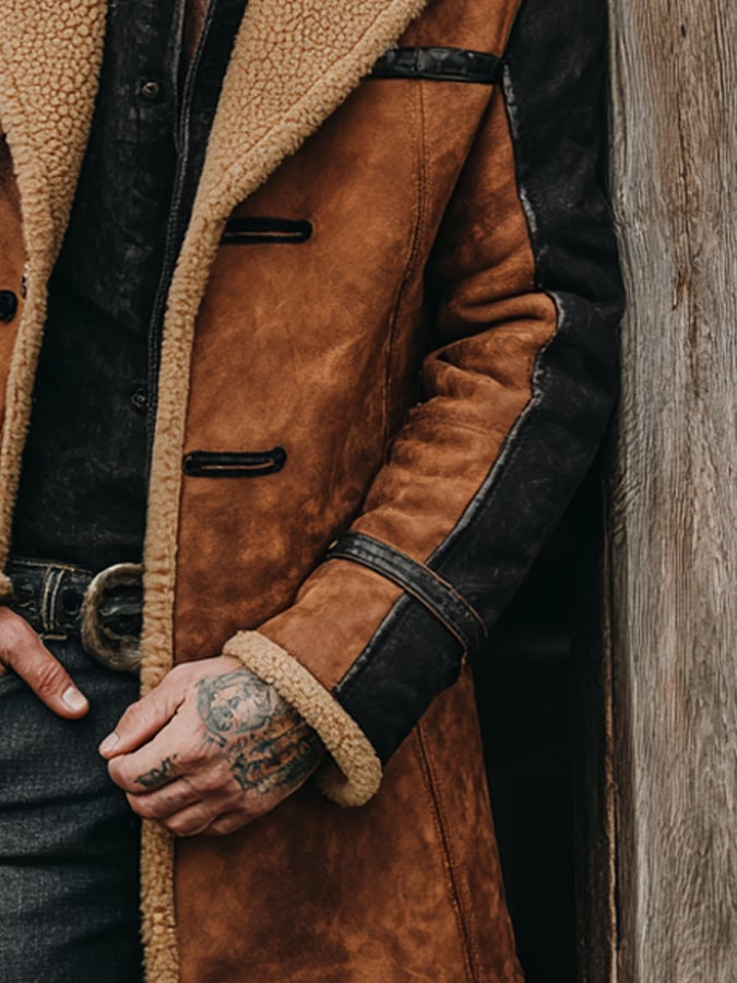 Men's Vintage Suede Patchwork Lamb Fleece Multi-Pocket Reverse Collar Outdoor Jacket Coat