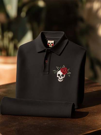 Men's Classic Business Skull Rose Logo Short Sleeve Polo Shirt