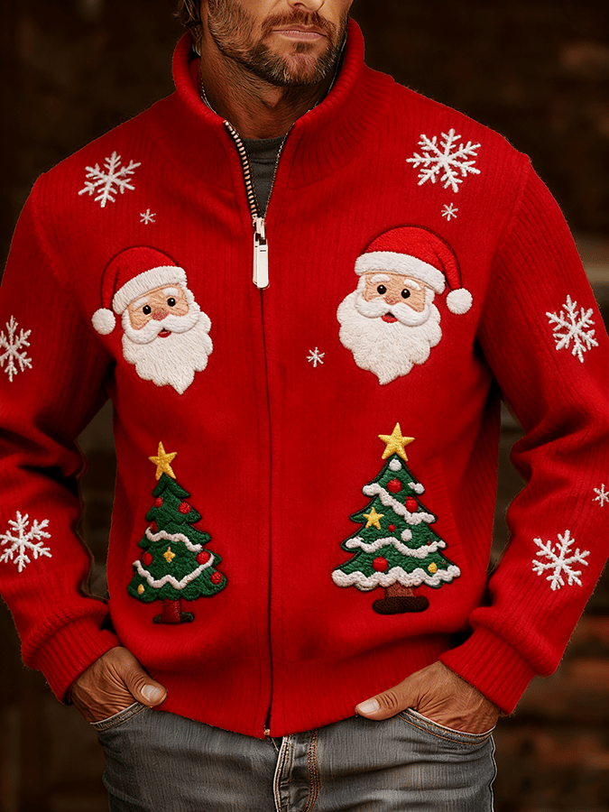 Men's Vintage Christmas Art Design Printed Knitted Jacquard Zip Comfort Jacket