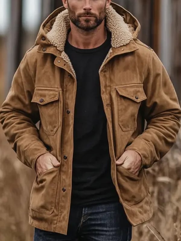 Men's Vintage Style Plush Multi-Pocket Mid-Length Jacket