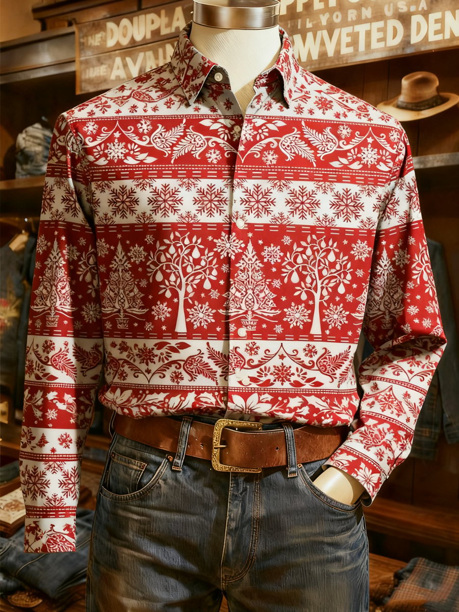 Men's Business Christmas Print Long Sleeve Shirt