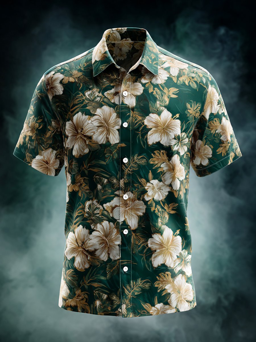 Men's Business Casual Floral Print Lapel Short Sleeve Shirt