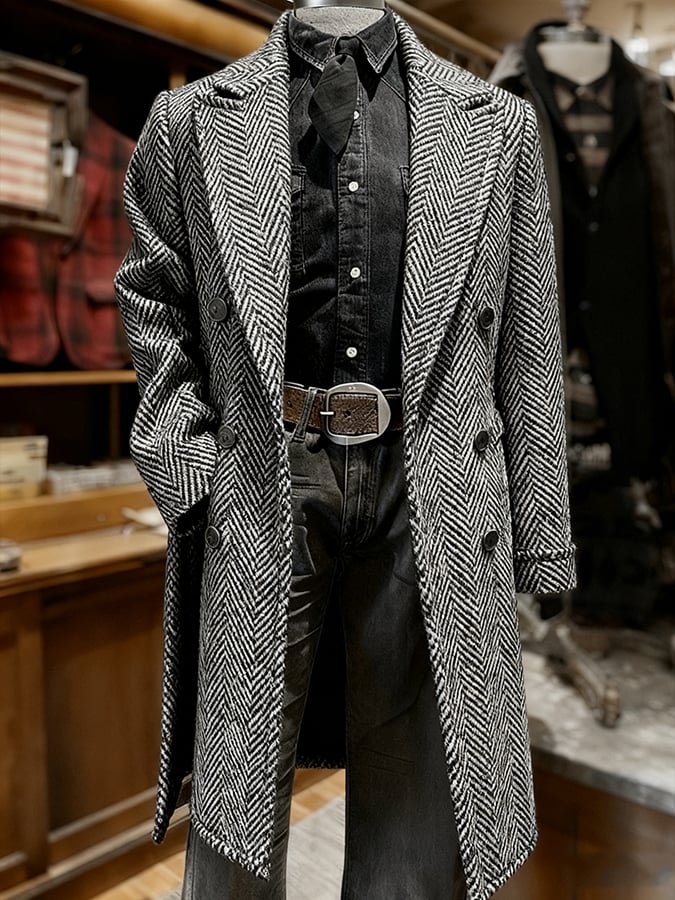Men's Fashionable Retro Herringbone Pattern Printed Casual Woolen Coat