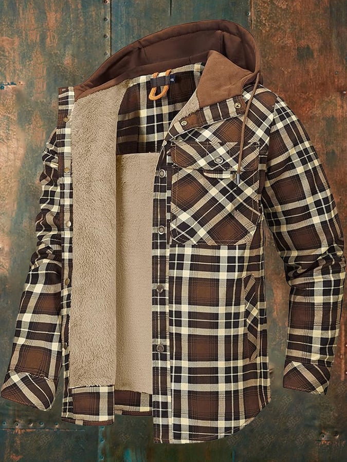 Men's Vintage Plaid Hooded Plus Velvet Autumn And Winter Jacket