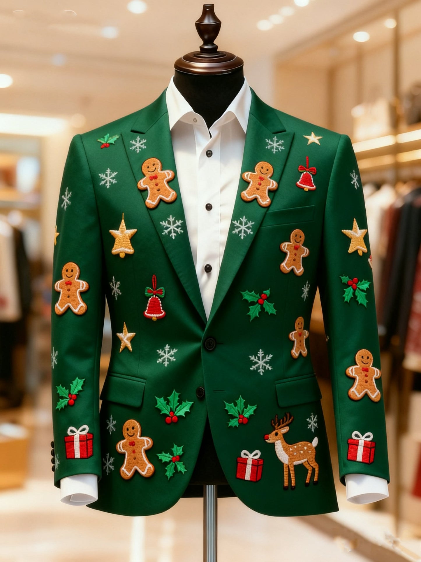 Men's Business Casual Large Pocket Gingerbread Man Christmas Print Blazers