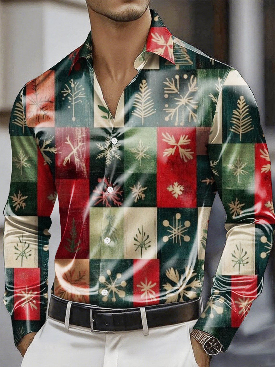 Men's Christmas Satin Luxe Long Sleeve Button Down Shirt