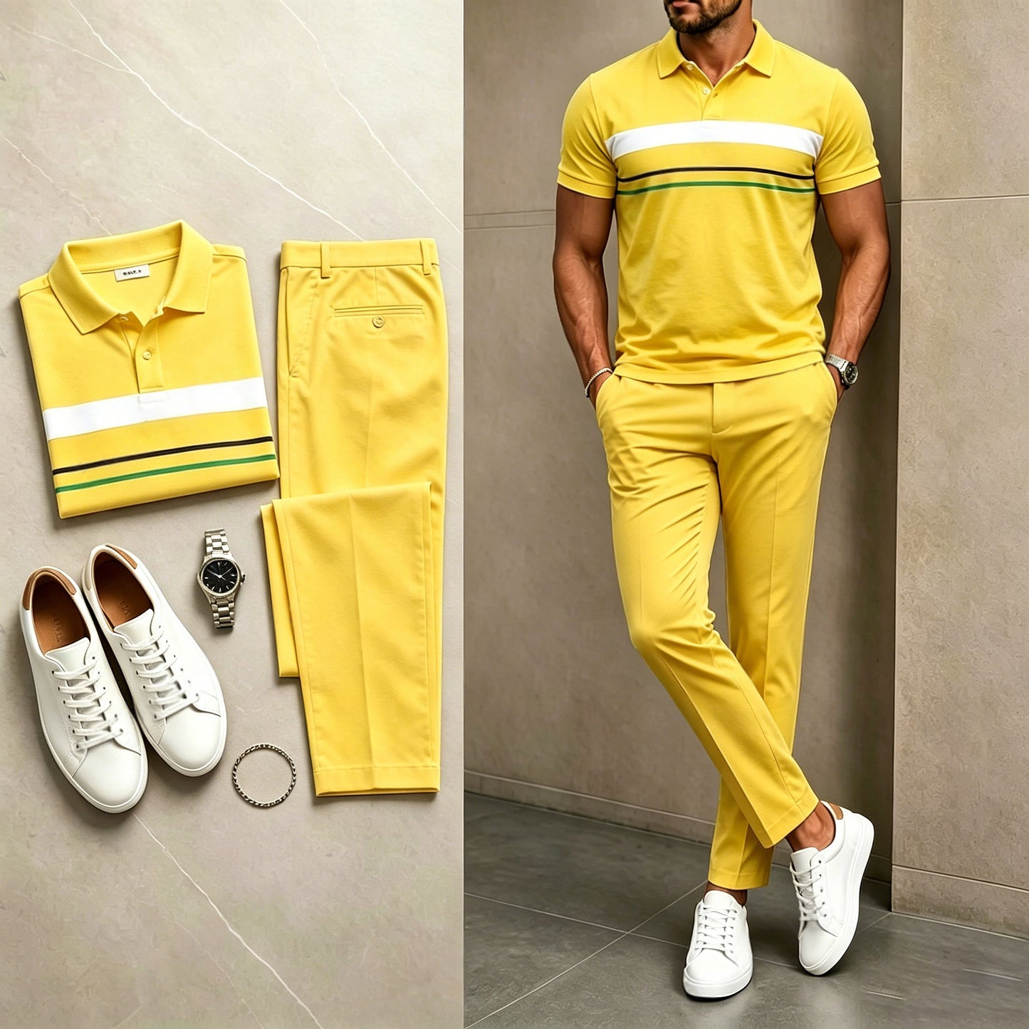 Men's Casual Pale Yellow Printed Polo Shirt And Pants Two-Piece Set