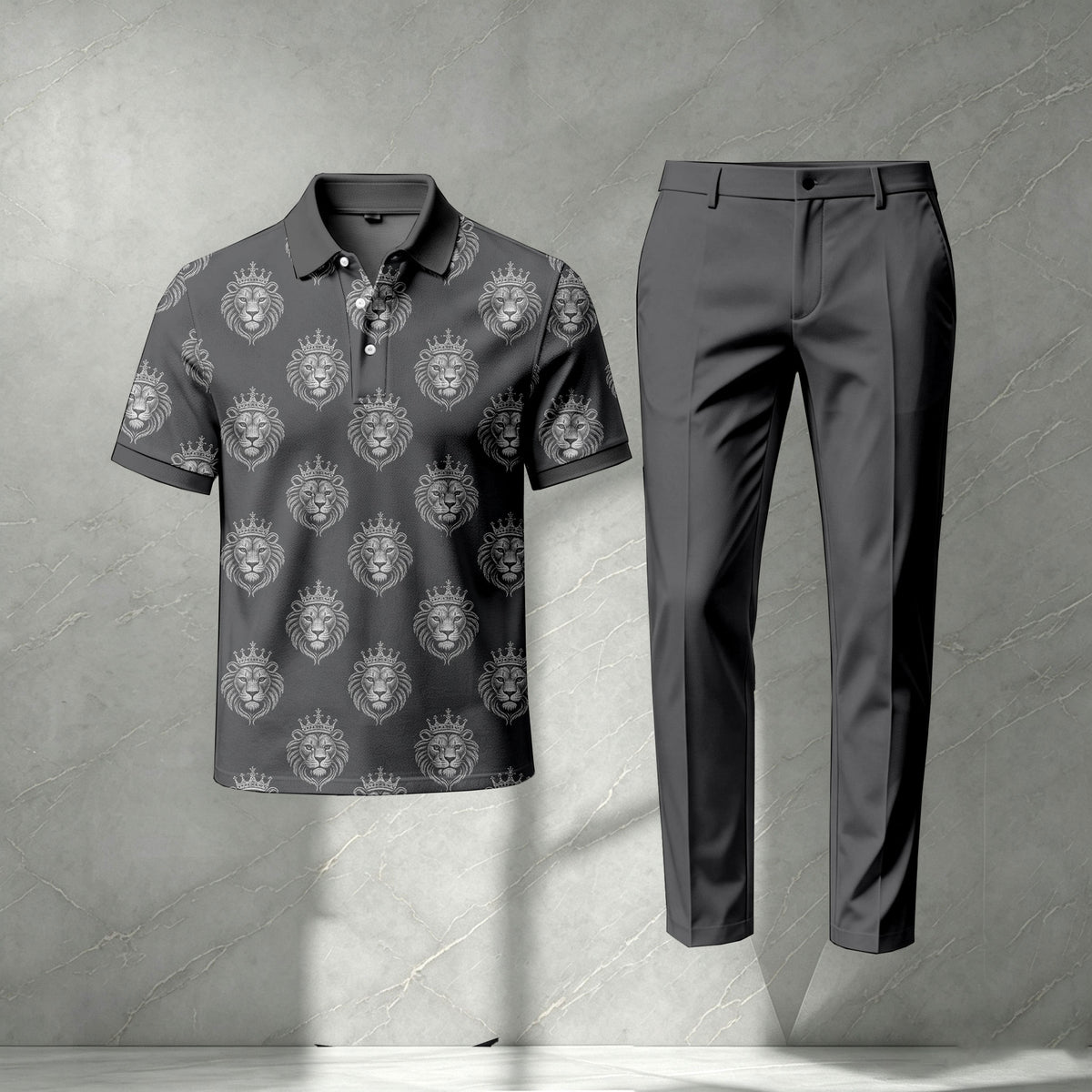 Men's Gray Short-Sleeve Polo Shirt and Pants Set