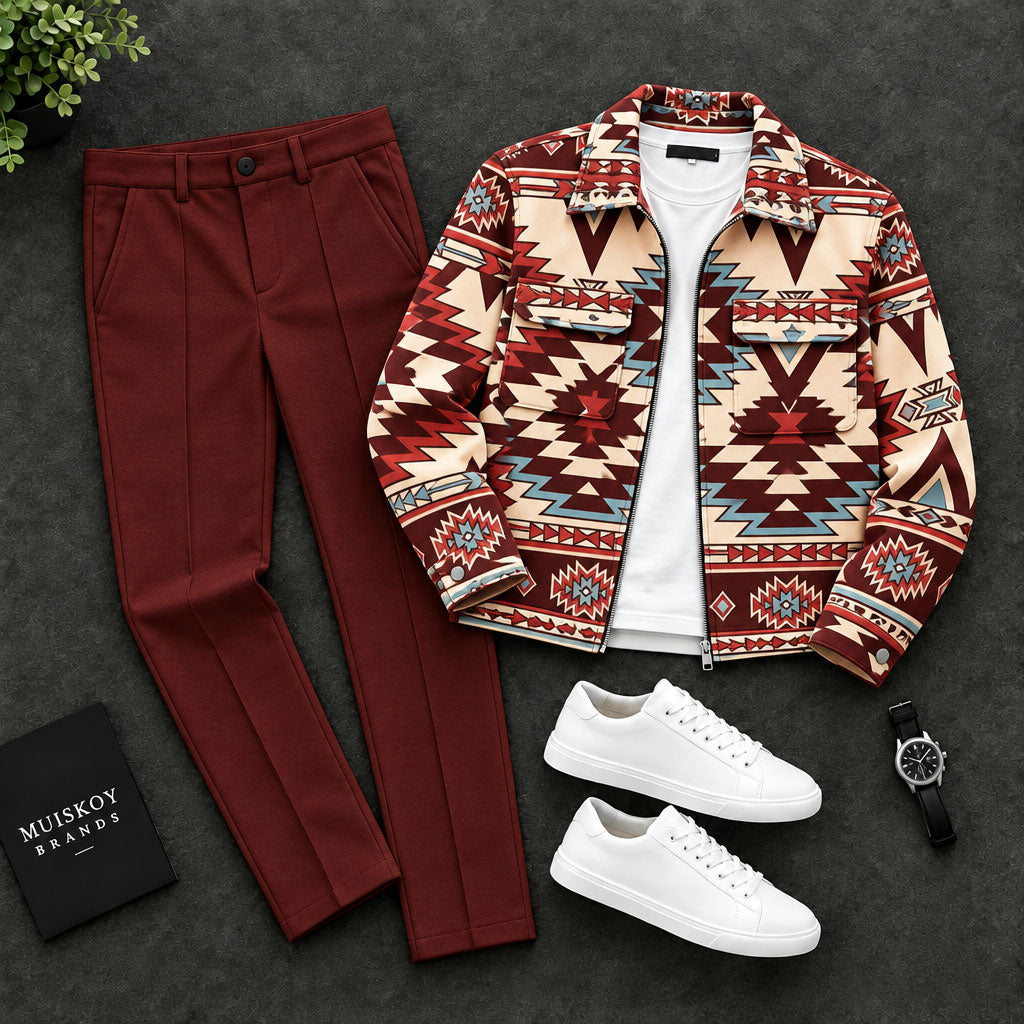 Men's Abstract-Print Two-Piece Set with Lapel Jacket and Pants