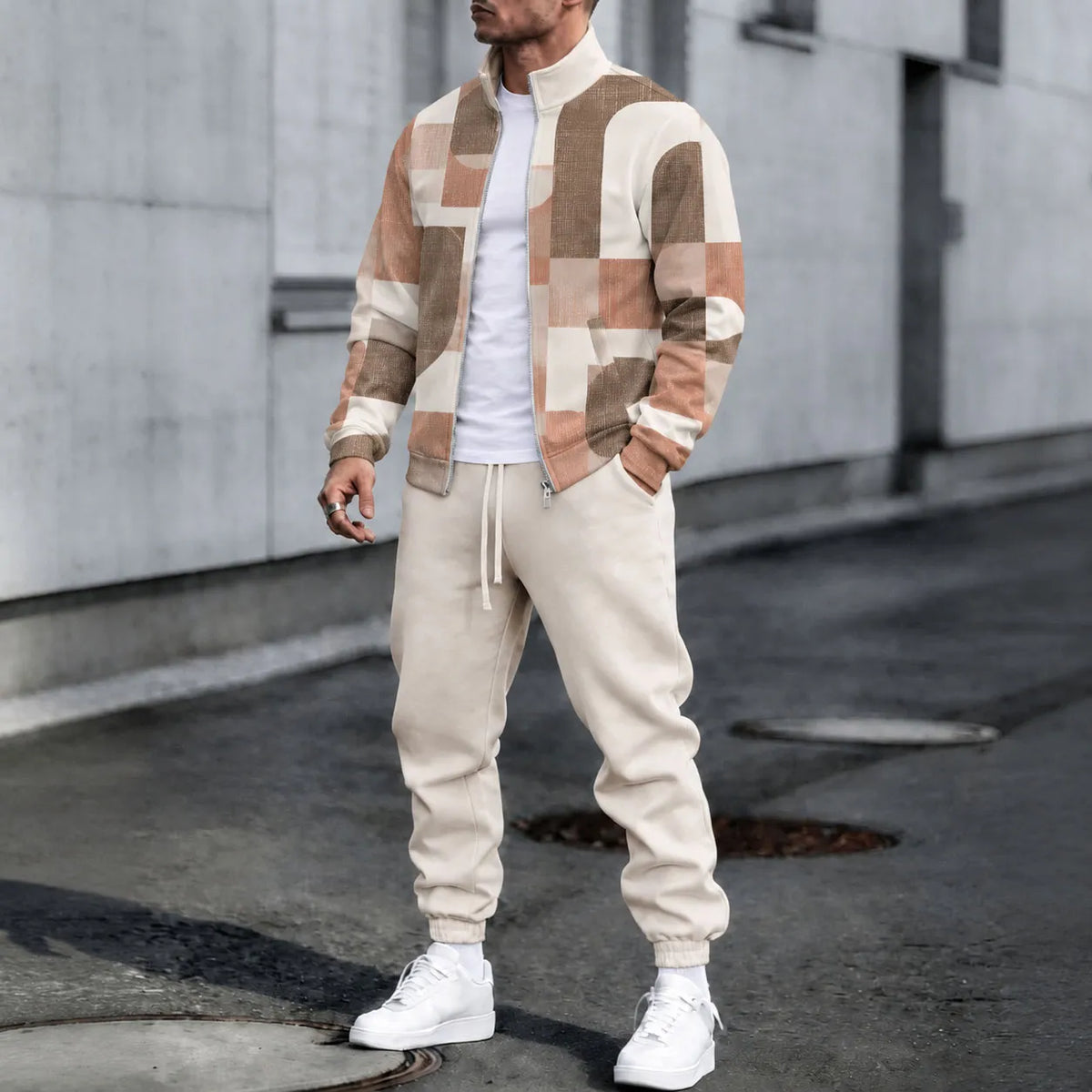 Men's Geometric-Print Stand-Collar Jacket and Pants Set
