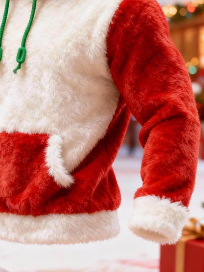 Men'S Plush Warm Color-Blocked Christmas Hooded Sweatshirt