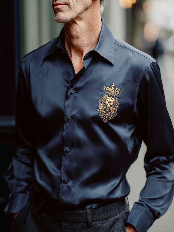 Men's Satin Luxe Crown Logo Button Long Sleeve Shirt