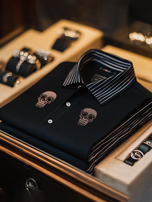 Men's Business Casual Skull Print Button-Down Polo Shirt