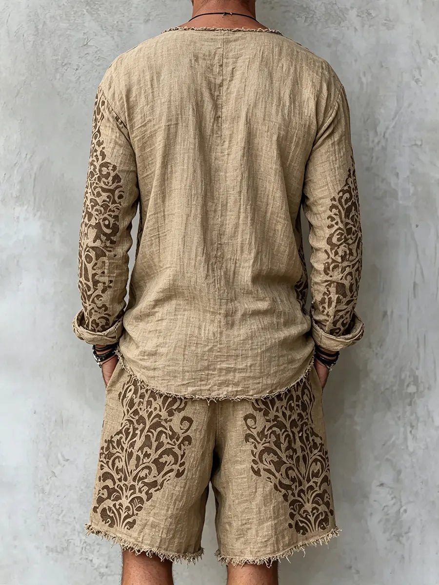 Men's Retro Abstract Print Casual Linen Long-sleeved Top And Shorts Two-piece Se