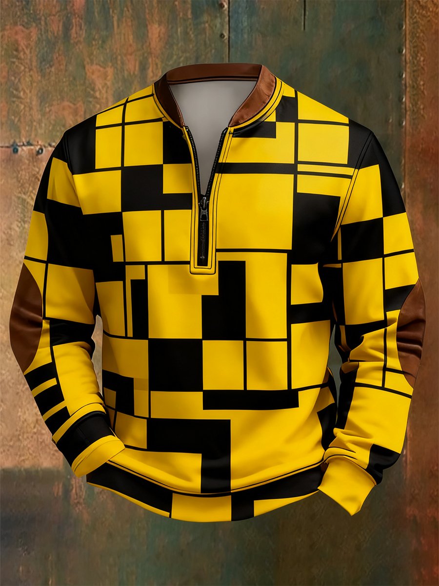 Men's Retro Bauhaus Geometric Style Print Quarter Zip Sweatshirt