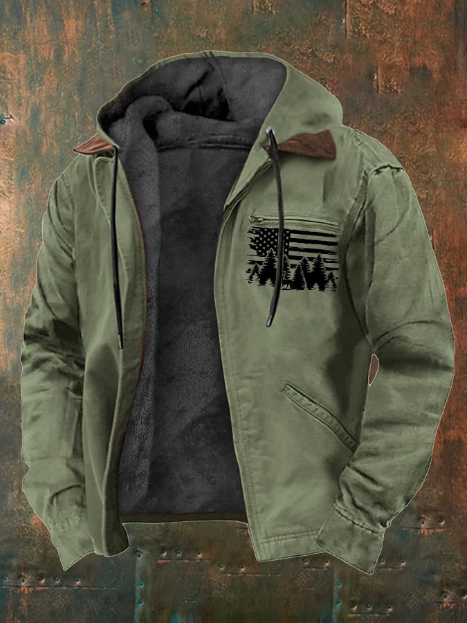 Men's Vintage Fleece Western Flag Elk Print Zip-Up Jacket