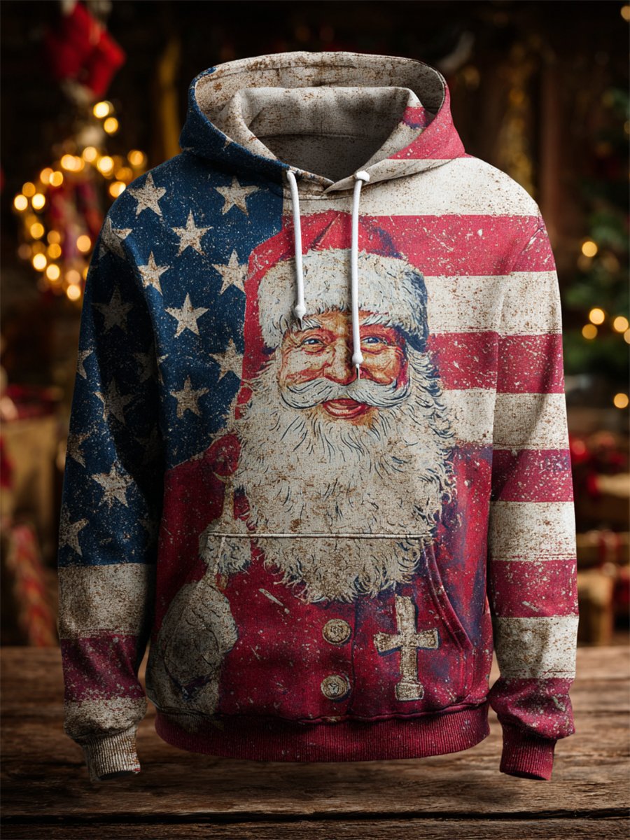 Men's Retro Christmas American Flag Faith Fleece Hoodie