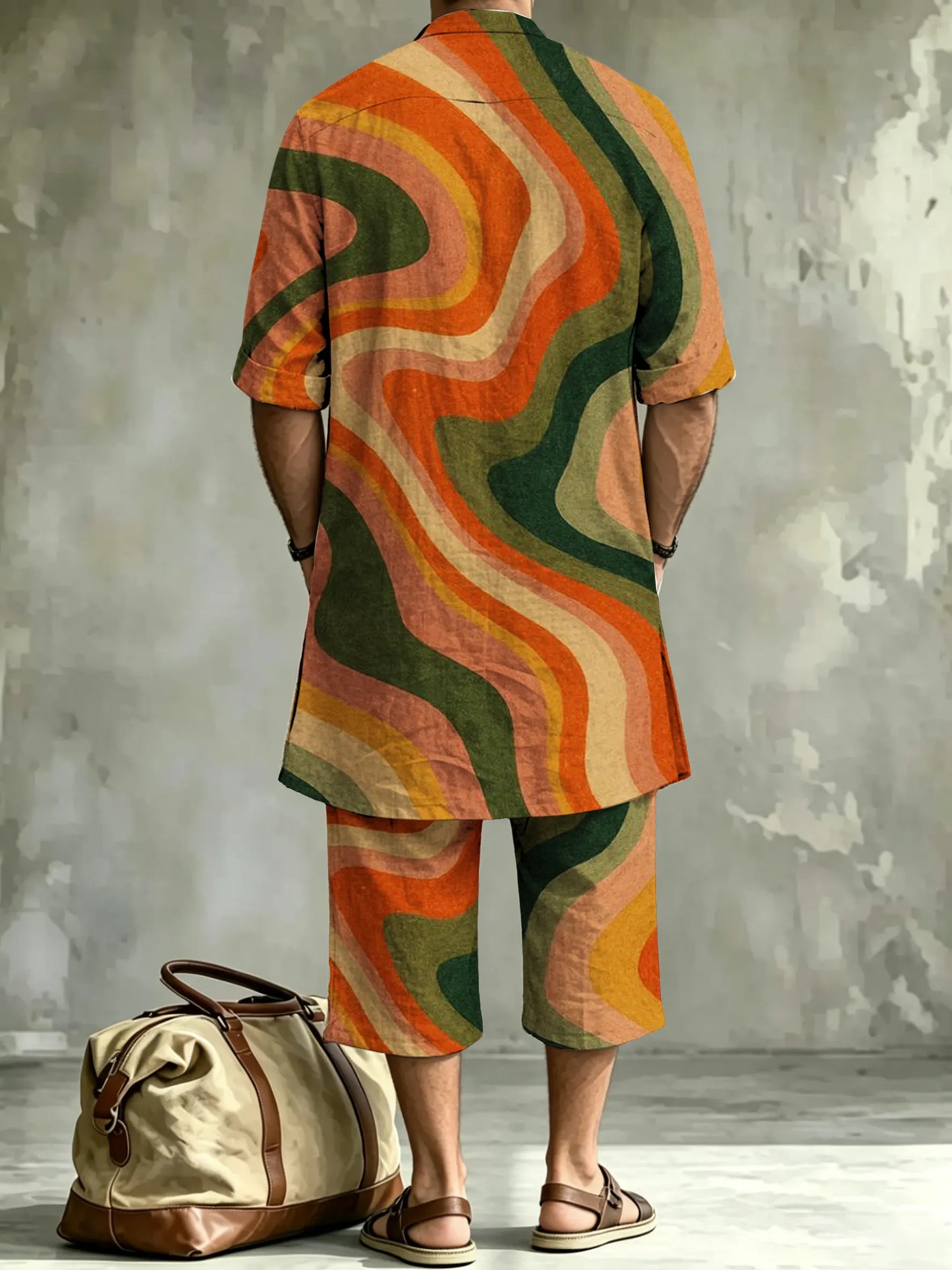 Men's Abstract Art Print Casual Short-sleeve Linen Top Shorts Two-piece