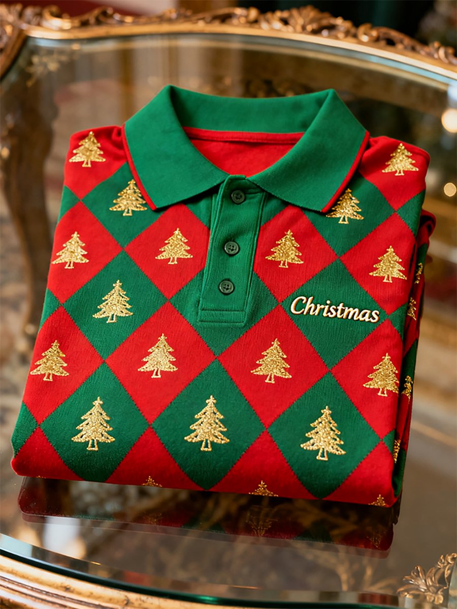 Men's Christmas Plaid Long Sleeve Polo Shirt