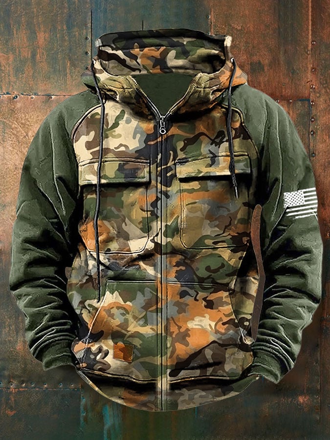 Men's Vintage Western Print Multi-Pocket Jacket
