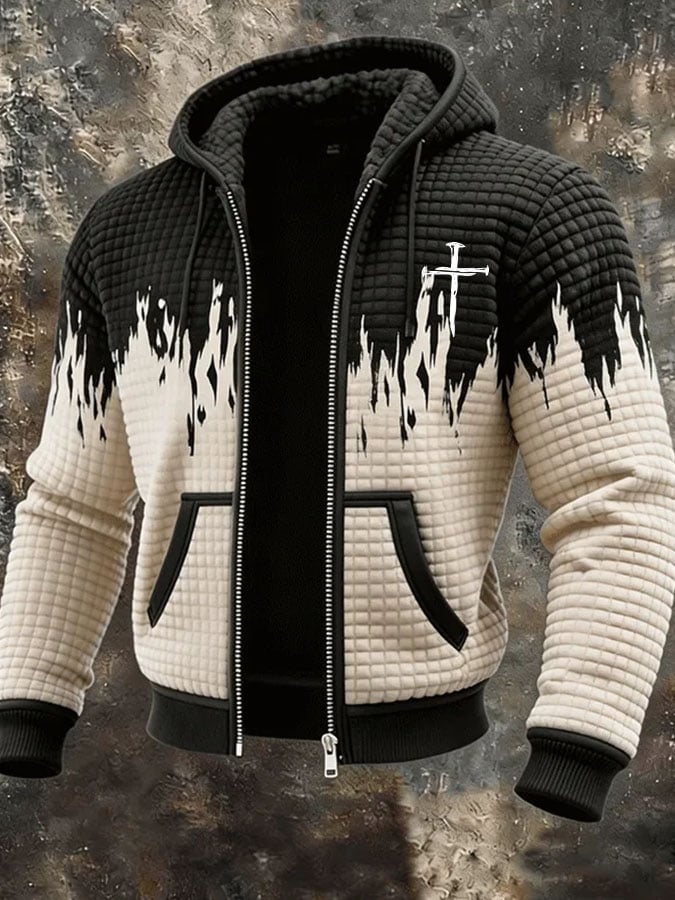 Men's Casual Retro Waffle Color Block Hooded Cardigan