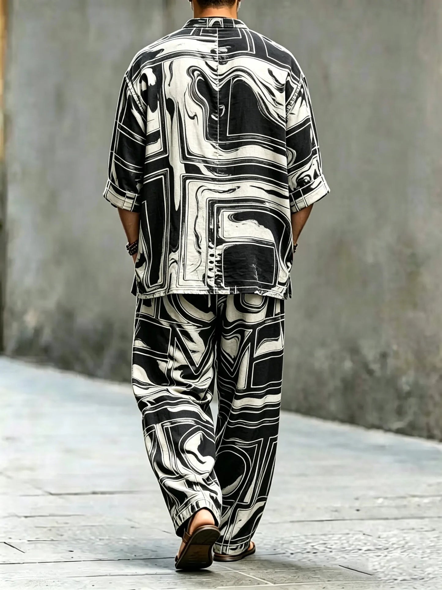 Men's Vintage Abstract Art Printed Cotton Shirt Set (Top & Pants)