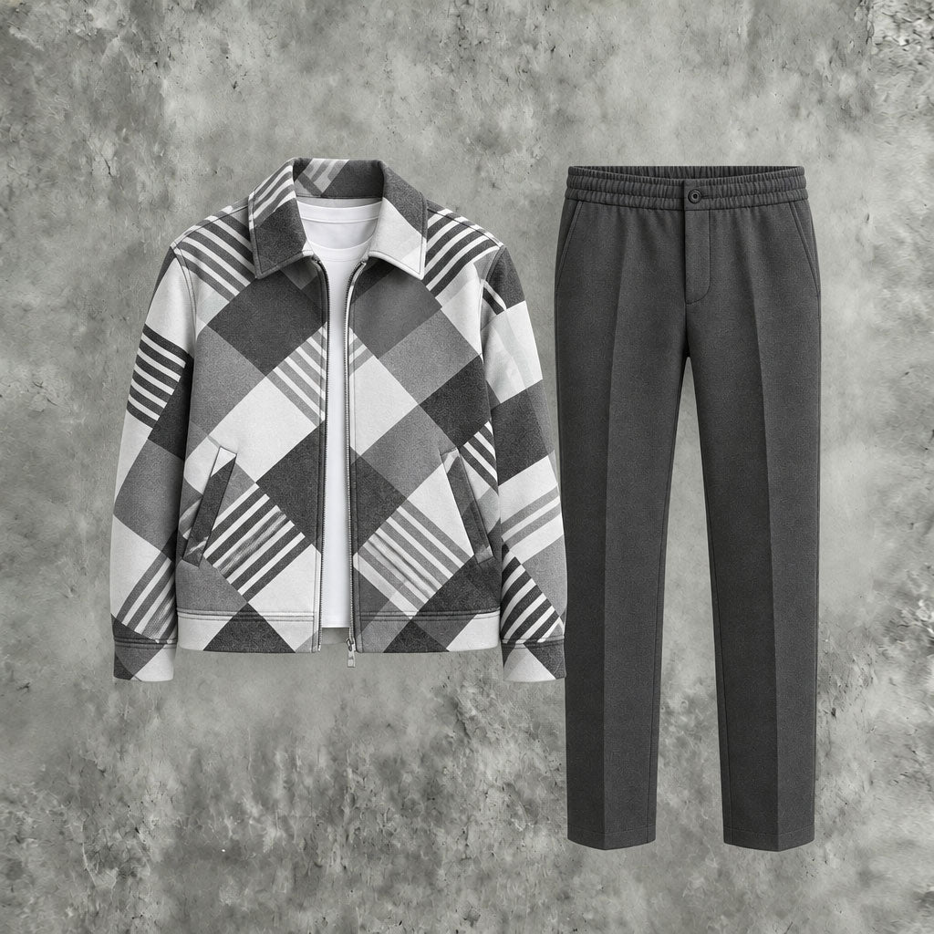 Men's Diamond-Quilted Zipper Hoodie and Pants Two-Piece Set